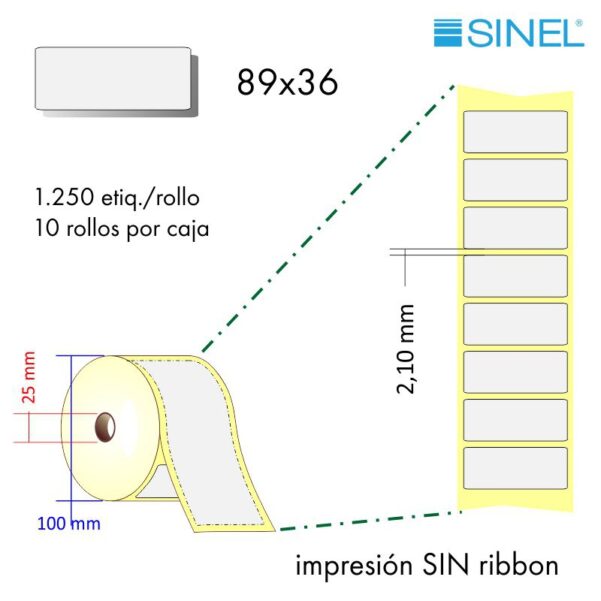 89x36 (25x100) Etiquetas Rollo Térmico Directo / 10x1250